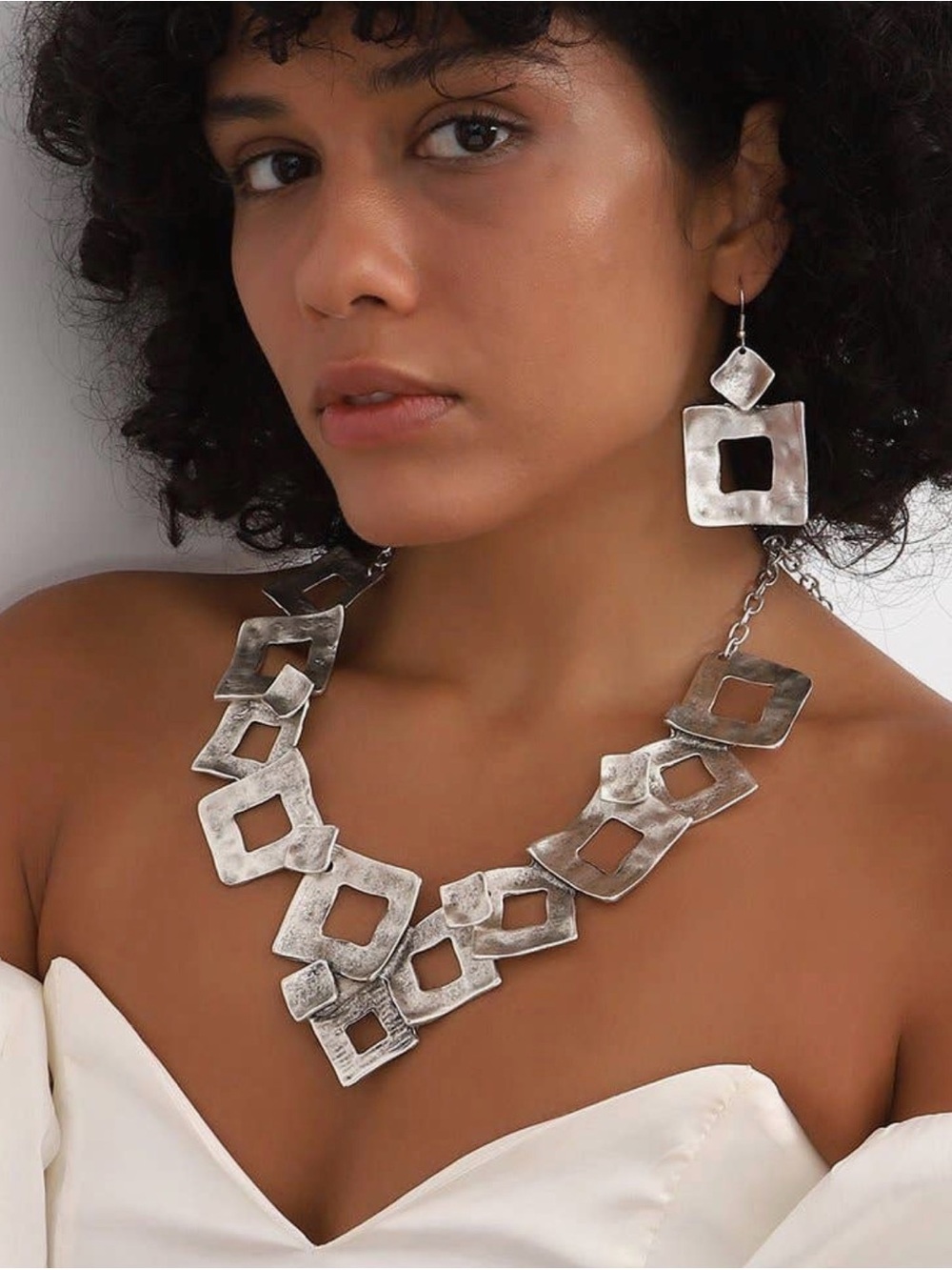 Silver Plated Hand Made Statement Necklace & Earrings Set